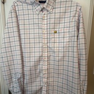 Masters White Button-Down Shirt with Blue and Pink Plaid
